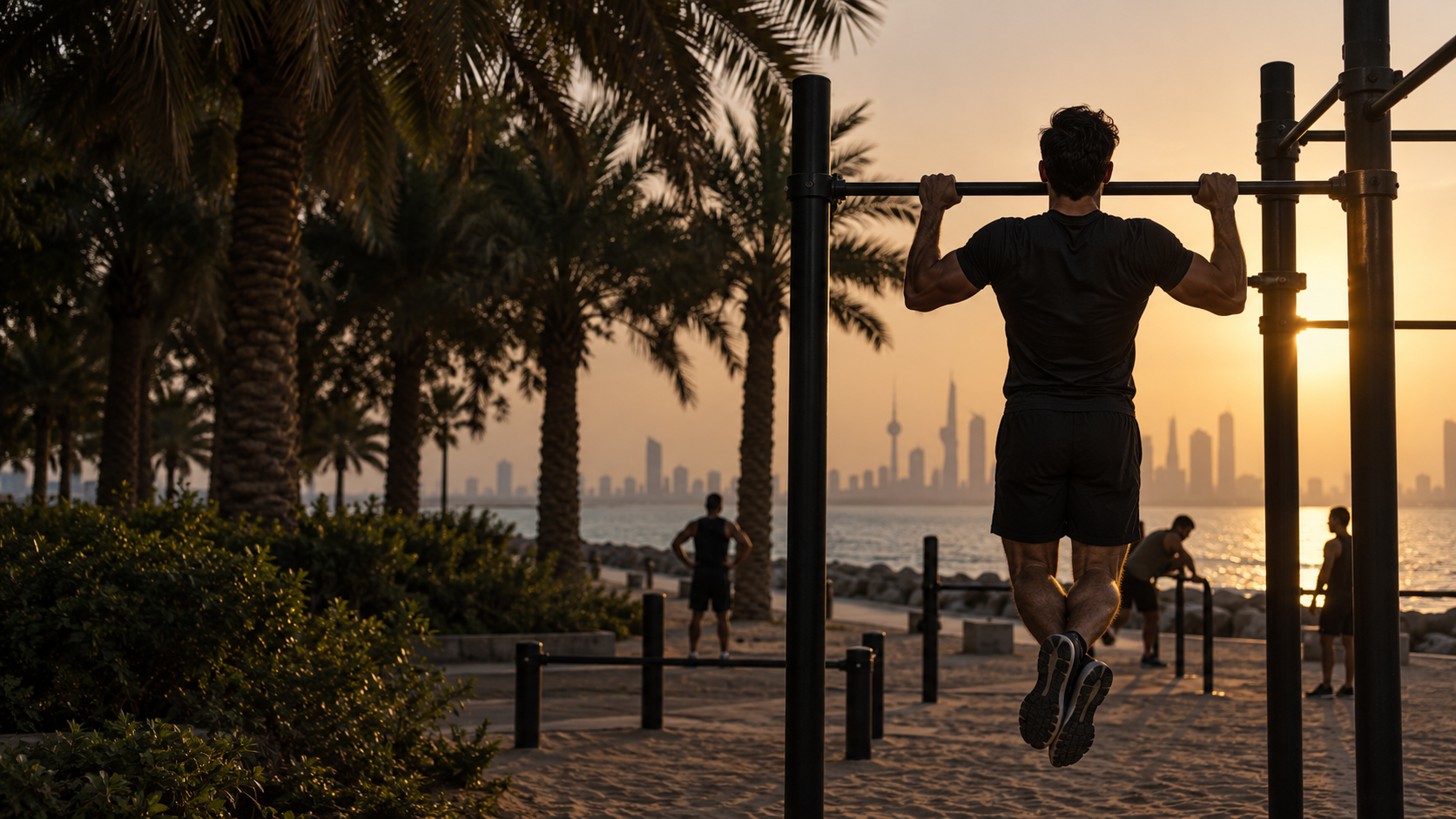 Illustration of an athlete doing a pull-up at sunset