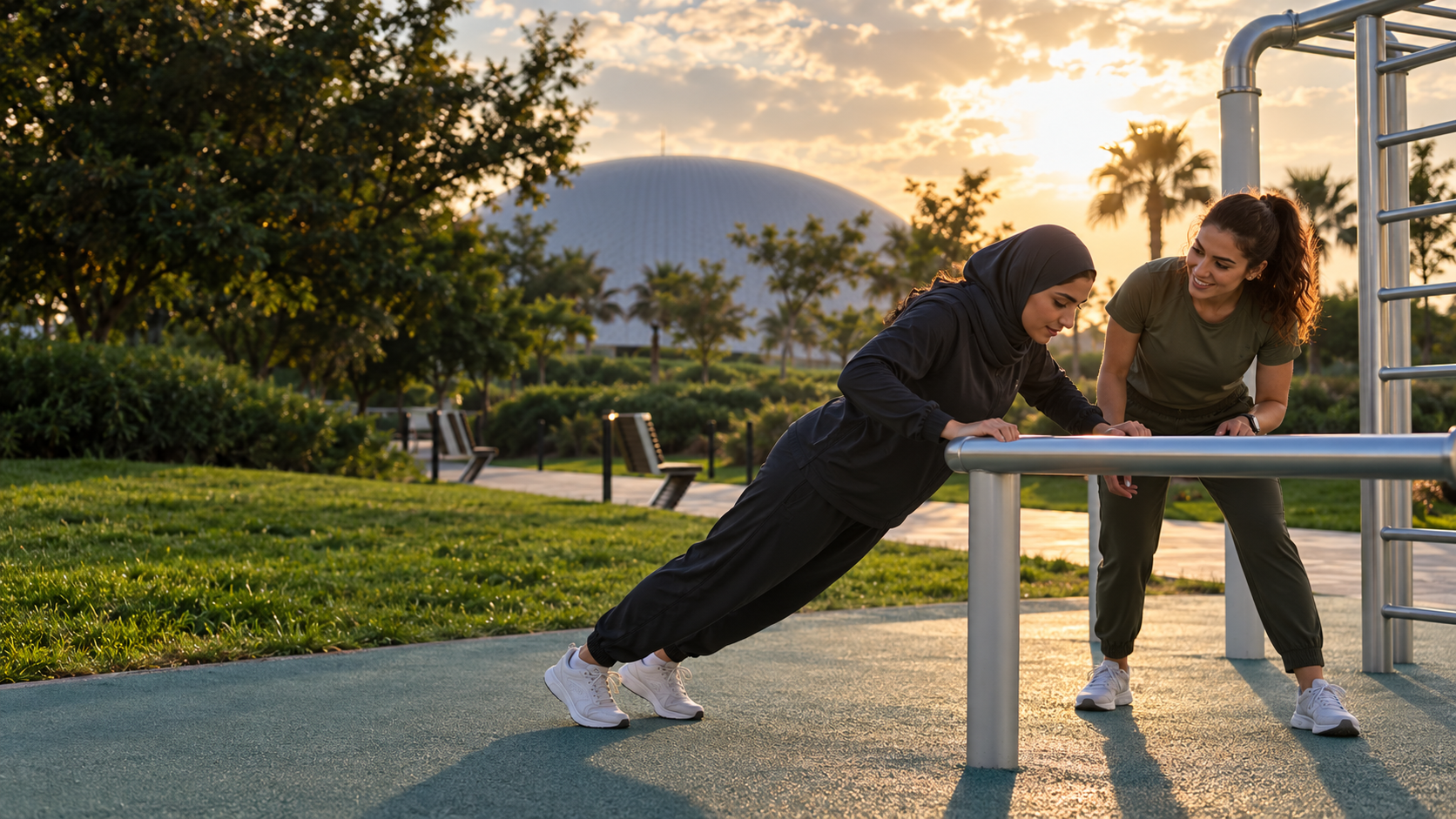 Illustration of two women training together on outdoor bars, inspired by the park